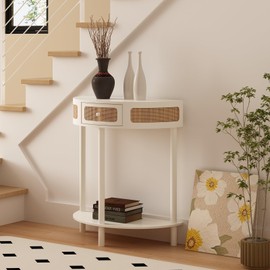 Wnutrees Rattan Half Moon Console Table, Modern Entryway Table with Drawer, Boho Sofa Table with Bottom Storage Shelf, Small Semicircular Tables for Hallway, Living Room, White