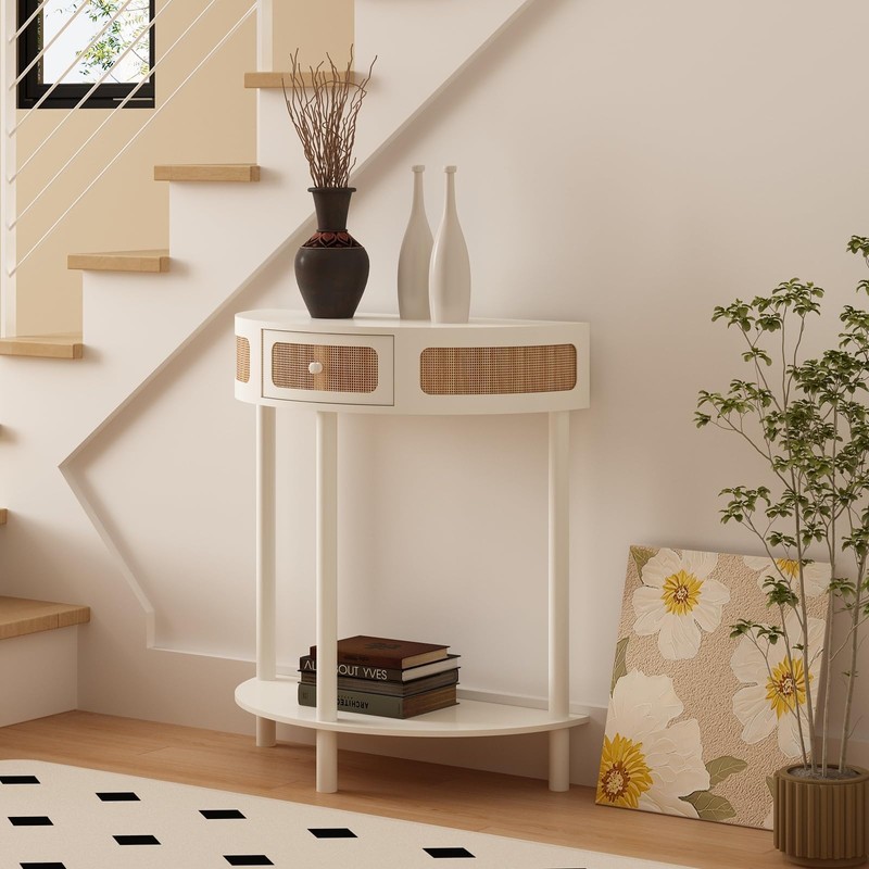 Wnutrees Rattan Half Moon Console Table, Modern Entryway Table with