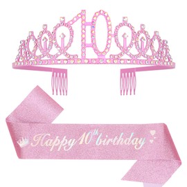 Leixi 10th Birthday Decorations for Girls,Pink Birthday Sash and Crown Tiara Set,Happy 10th Birthday Party Supplies(Pink 10th)