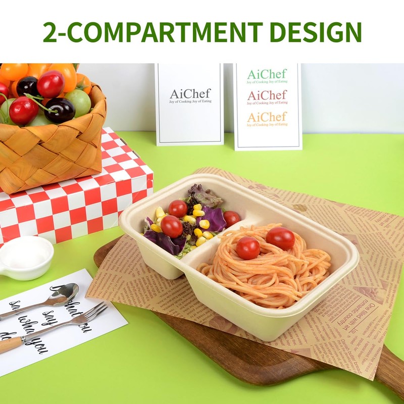 AICHEF 100 Pack 2 Compartment Paper Bowls for Chip Dip,