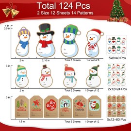 124 Pcs Christmas Gift Tags Stickers, Kraft Self Adhesive Christmas Name Labels Stickers, Christmas Presents Stickers, Cute Snowman Designed Stickers for Xmas Gifts Wrap Presents Boxes Decoration