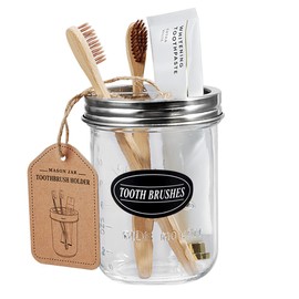 Komashr Mason Jar Toothbrush Holder - Brushed Nickel - with 16 Ounce Ball Mason Jar,Premium Rustproof 304 Stainless Steel Lid and Chalkboard Labels - Rustic Farmhouse Decor Black Bathroom Accessories