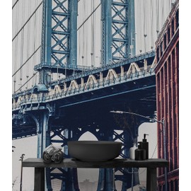 New York City Wall Mural Peel and Stick Wallpaper. Vintage Dumbo NYC. Brooklyn NY Landscape Wallpaper. #6369 (Small Sample to Try)