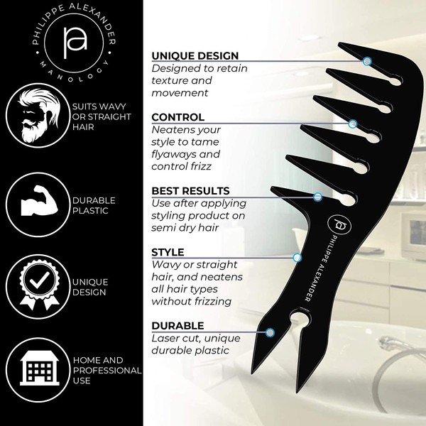 Philippe Alexander Wide Tooth Texturizing Comb - Texturize, Straighten, Style,