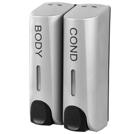 AUMIO Wall Mounted Shower Soap Dispenser, 2 Chamber No Drill Shampoo Dispenser for Shower, Refillable Shampoo Bottles, Wall Shampoo and Body Wash Dispenser for Bathroom Hotel, 2 * 350ml, Silver