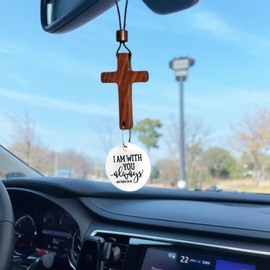 Daily Bible Verse Cross Car Charm, Rearview Mirror Hanging Ornament with I Am with You Always Medallion, Inspirational Scripture Accessory for Car,White