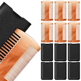 Peines para barba y bigote de doble acción de sándalo natural con fundas de piel sintética (6 piezas, amarillo)