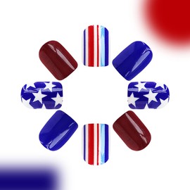 Independence Day Press on Nails Short Star Fake Nails 4th of July Glue on Nails Red Blue White Five-pointed Star Designs Glossy Reusable Artificial False Nails Natural Fit Stick on Nails for Women 24