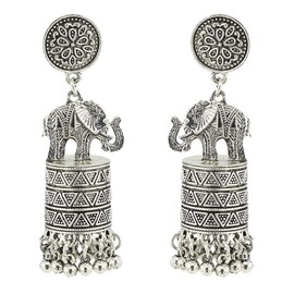 Elephant Indian Earrings, Vintage Elephant Jhumka Jhumki Dangle Earrings for Women, Bohemian Elephant Bell Tassel Earrings, Punk Elephant Chandelier Statement Earrings Boho Jewelry (Silver)