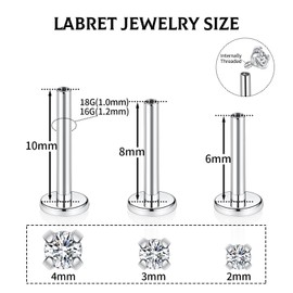 Titanium Lip Stud Labret Jewellery Silver Labret Stud Cartilage Earring 18G Helix Piercing 8 mm Internally Threaded Lip Jewellery Flat Back Lobe Earring with CZ Monroe Medusa Ring Conch Stud Sets