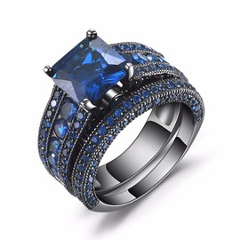 Castillna Black Sterling Silver Princess Cut Created Blue Sapphire Engagement Wedding Bridal Rings Set