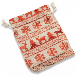 Hackberry Creek 10 Metallic Tan & Red Fabric Drawstring Bags for Christmas, Reusable Pouches