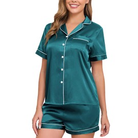 Veseacky Two Piece Pajama Set for Womens Silky Pajama Sets Silk Pajamas Set Short Sleeve Sleepwear Soft Set（Army Green,XLarge