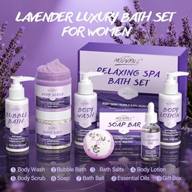 Relaxing Bath Gift Set for Women 8pcs Lavender Spa Gift Set Gift Baskets for women Mom Wife Sister Teen Best Friend Christmas Birthday Valentine's Mother's Day with Lavender Essential Oil Shea Butter