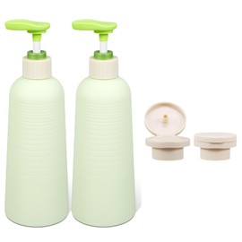 2 Pieces Empty Plastic Pump Bottles, Leakproof Travel Set with Interchangeable Flip Lid for Shampoo, Shower Gel & Hand Soap (Green, 400ml)