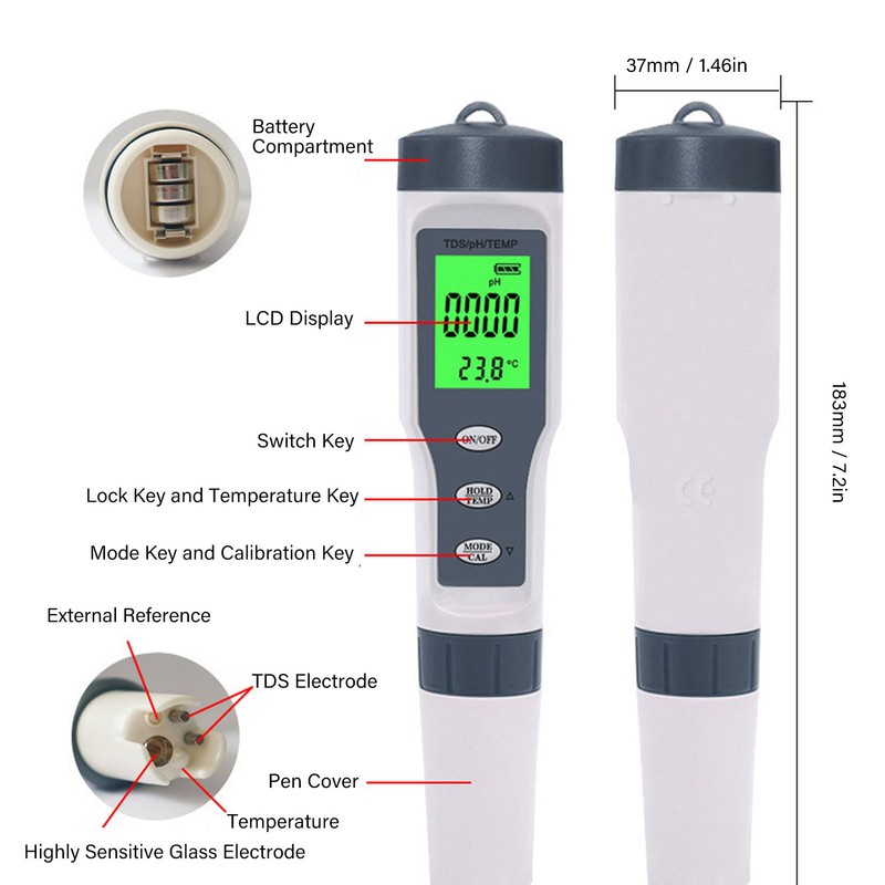Water Quality Tester 3 in 1 PH TDS TEMP Meter
