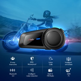 MAXTO - Auriculares Bluetooth para Motocicleta, Sistema de comunicación de Casco de Motocicleta M2 Group 6 vías BT5.0 intercomunicador Impermeable de Alcance de 1000 m con Radio FM, Siri, dial de Voz