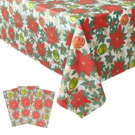 MOROBOR Christmas Tablecloth, 3 Pack Disposable Plastic Waterproof Rectangle Table Covers Red Green Christmas TableCloth for Banquet Party Kitchen Dining Room (Christmas Floral Pattern)