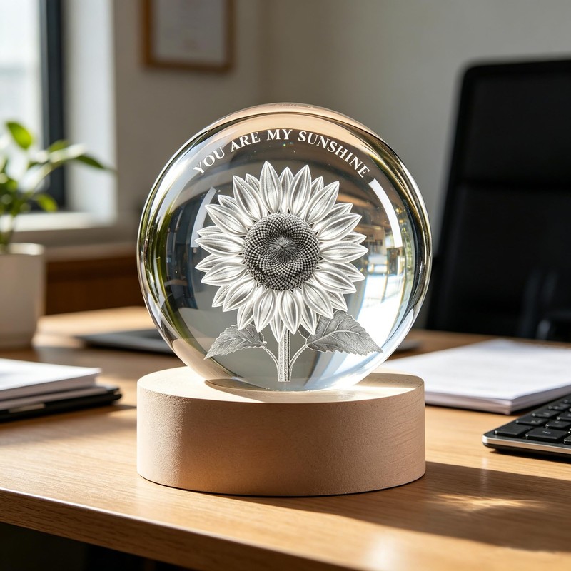 YouerCrystal 3D Sunflower Lamp,2.36 inch 3D K9 Crystal Ball Sunflower