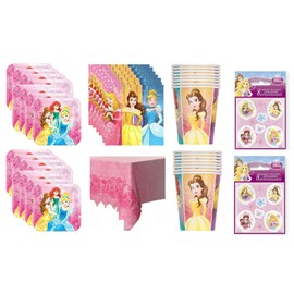 Unique Princess Birthay Party Supplies Bundle Pack for 16 includes Lunch Plates, Napkins, Cups, Table Cover, Stickers