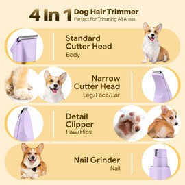 AIBORS Small Dog Grooming Kit, 4 in 1 Electric Dog Trimmer for Grooming, Low Noise Dog Nail Trimmer, Cordless Pet Clippers for Dogs Cats, Grooming Paws, Eyes, Ears, Face, Hip Hairl (Purple)
