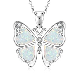WOAINI Silver Butterfly Pendant Necklace for Women Opal Jewelry Gifts