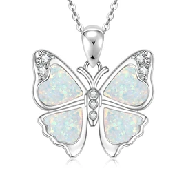 WOAINI Silver Butterfly Pendant Necklace for Women Opal Jewelry Gifts