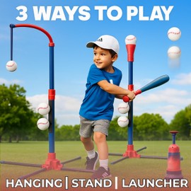 3-in-1 Baseball Set for Kids and Toddlers Ages 3-5 – Includes Tee Ball Stand, Hanging Tee, Automatic Ball Launcher, and 6 Softballs – Adjustable Height for Indoor/Outdoor Play – Sports Gift for Boys