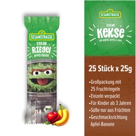 Sesamstrasse Bio Fruchtriegel Oskar, mit Apfel & Bananen, 25er Pack (25 Stück x 25g), Großpackung auf Basis von Haferflocken, Früchteriegel für Kinder ab 3 Jahren, bio, vegan