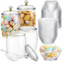 LemonRoad 4 Pcs Plastic Candy Jars with Lids 100 Pcs Bowls with 2 Spoons, Clear Cookie Dessert Buffet Containers Set for Serving Large Airtight Apothecary Storage Home Wedding Bar Kitchen Supply
