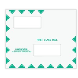 First Class Double Window Envelope, Tax Mailer, Offset Windows, Confidential, Landscape Format, White/Green, Self-Seal, 9-1/2" x 11-1/2", Pack of 50