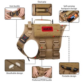 AIWAI Tactical Dog Harness with Handle for Large Dogs,2X Metal Buckle, Dog MOLLE Vest with Pockets,No Pull Adjustable Pet Harness, Easy Control Dog Vest Harness for Working Training (Khaki, Large)