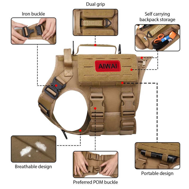 AIWAI Tactical Dog Harness with Handle for Large Dogs,2X Metal