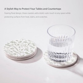 Hoomey Set of 6 Sage Green Vintage Floral Coasters with Holder, Absorbent Ceramic Drink Coasters with Cork Backing for Table Protection, Table Decor, Housewarming Gifts