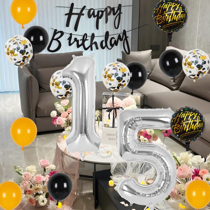 Silver 15th Birthday Decorations Party Supplies-Black Happy 15th Birthday Banner