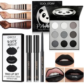 Halloween Makeup Kit, Halloween Face Make-Up, Includes 3 Black Matte Liquid Lipstick, Lip Liner, Lip Gloss and Black Smoky Eyeshadow Palette, for Halloween Party Cosplay