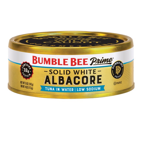 Bumble Bee Prime Solid White Albacore Tuna Low Sodium in Water, 5 oz Cans (Pack of 12) - Premium Wild Caught Tuna - 31g Protein per Serving - Non-GMO Project Verified, Gluten Free, Kosher
