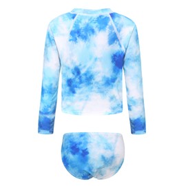 Big Girls Two Piece Rash Guard Swimsuits Set Tie Dye Bathing Suit for Kids Long Sleeve Hawaiian Swimwear Set Blue Size 16/14-16 Years