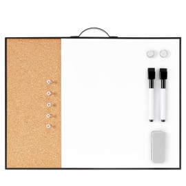 Small Cork Board Whiteboard Combo - 12" X 16" Portable Aluminum Black Framed Magnetic Dry Erase Board for Wall, Mini Bulletin CorkBoard with a Handle for Office, Home and School