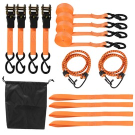 4PCS Orange S-Hooks Ratchet Tie Down Strap Kit 2200 Lbs Breaking Strength with 2 Bungee Cords 4 Soft Loops and Storage Bag Replacement for Carriages Trailers Flatbeds Motorcycles Atvs