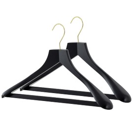 MAWA by Reston Lloyd, European Wooden Hanger, Beech Wood Body Form Hanger with Wide Supportive Shoulders, Rotating Gold Hook, Black Finish, for Shirts, Blazers, Pants, Dress Clothes Hanger, Set of 2