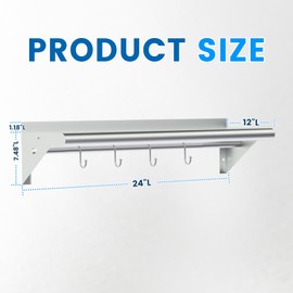 Treshin Stainless Steel Shelf with 4 Hooks 12 x 24 Inches, Commercial Wall Mount Floating Shelving Storage Pot Rack for Restaurant, Kitchen, Home, Bar and Hotel