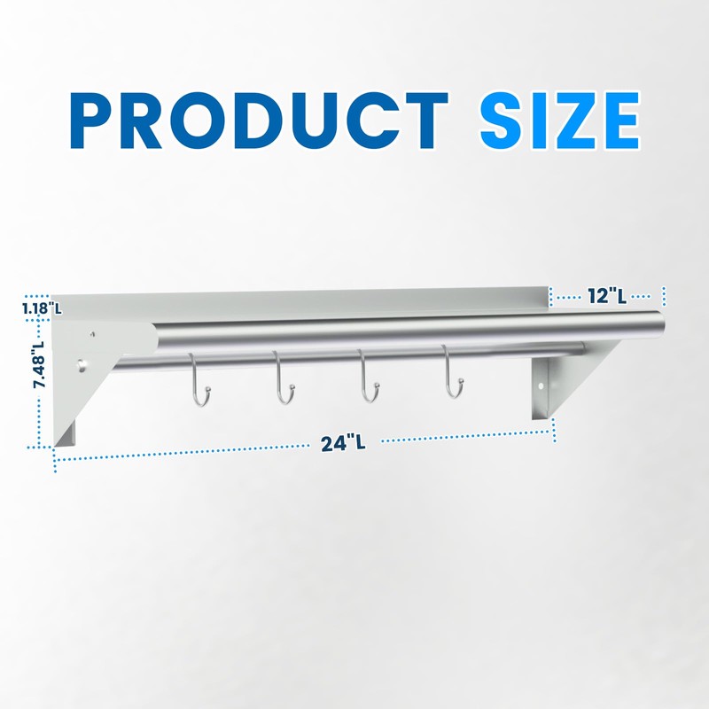 Treshin Stainless Steel Shelf with 4 Hooks 12 x 24