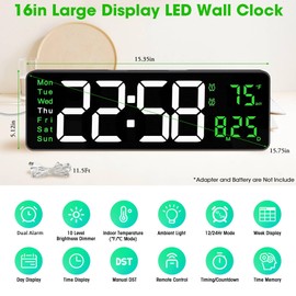 16" Large Digital Wall Clock with Remote Control, Large Display with Night Light, DST, Date, Week, Temperature, Dimmer, Dual Alarm, Plug in LED Wall Digital Clocks for Living Room Decor (Green)