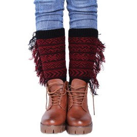 Urieo Tassel Striped Warm Leg Warmers Red Knitted Long Footless Socks Winter Boot Cuffs Christmas Knit Leg Sleeves for Women and Girls