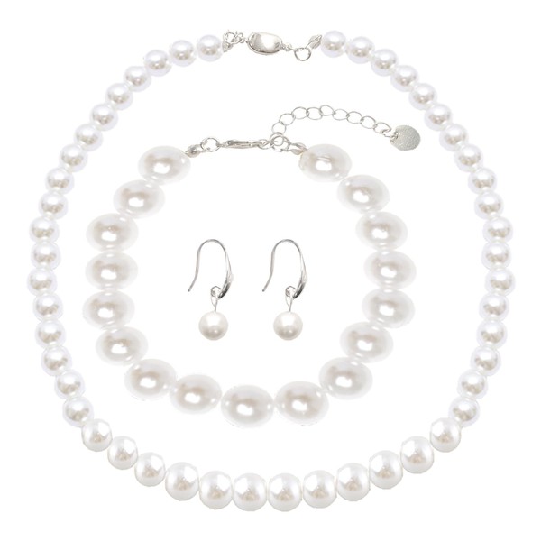 Pearl Jewelry Set for Women White Faux Pearls Necklace Earrings