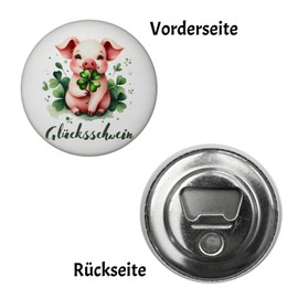 Lucky Pig with Clover Leaf Magnet with Bottle Opener Round Lucky Pig with Clover Leaf Magnet with Bottle Opener - Animal Lucky Charm in Green Natural Plant Design