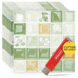 XFasten Square Peel and Stick Backsplash for Kitchen 10pcs 12” x 12” + Cutter Ornamental Tile Peel and Stick Tiles Stick on Self Adhesive Backsplash Tile for Kitchen and Bathroom