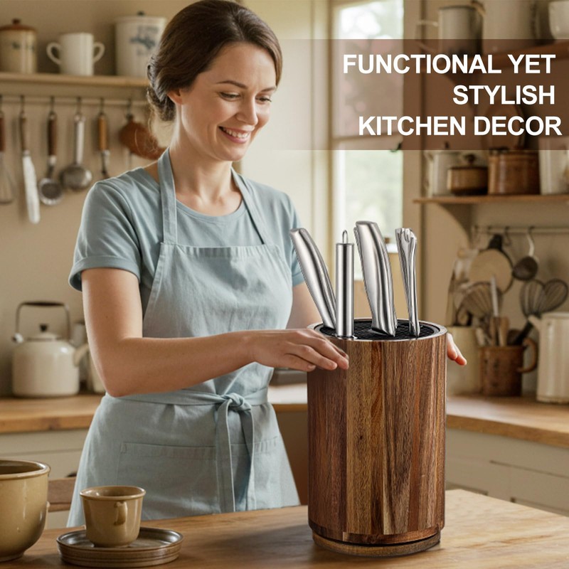 Hushee Wooden Knife Holder Block with Plastic Lid, 360° Rotating