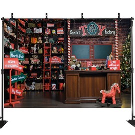 Christmas Shop Photography Backdrop Vintage Santa's Toy Factory Snow Night Cottage Gift Xmas Tree Decoration Background Kids Indoor Portrait Photo Studio Photobooth Props LHC090 7X5FT